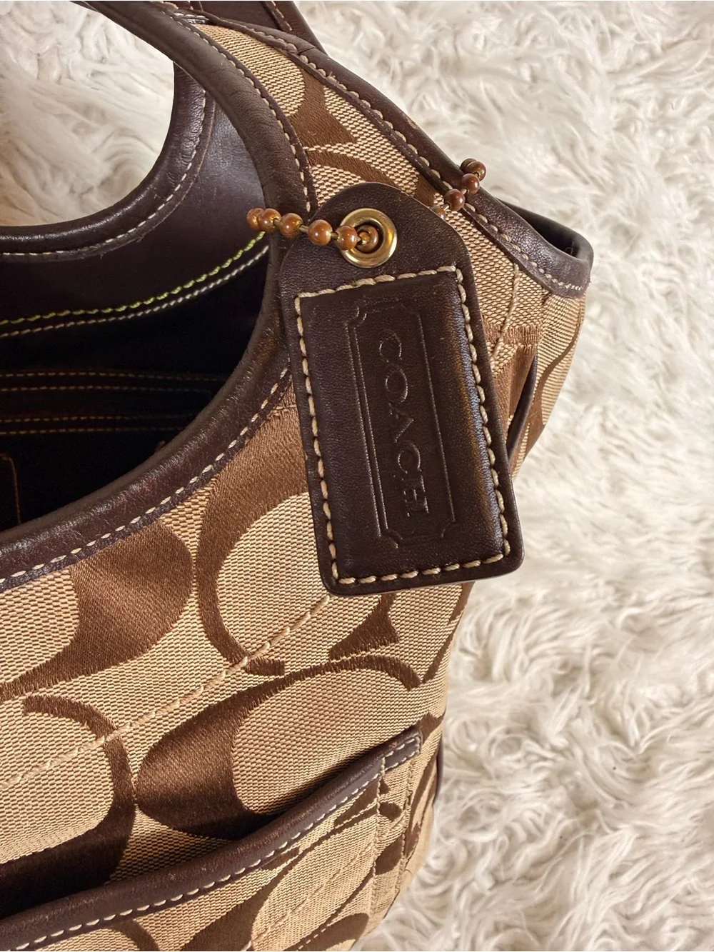 Coach Beige/Brown Signature Canvas Shoulder Bag with Dark Brown Trim